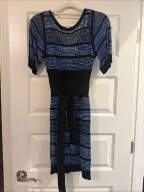Karen Millen Blue and Black Striped Knit Midi Dress with Belt